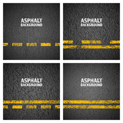 Fototapeta na wymiar Asphalt road with yellow cracked lane marking, concrete highway surface, texture. Street traffic line, road dividing strip. Pattern with grainy structure, grunge stone background. Vector illustration