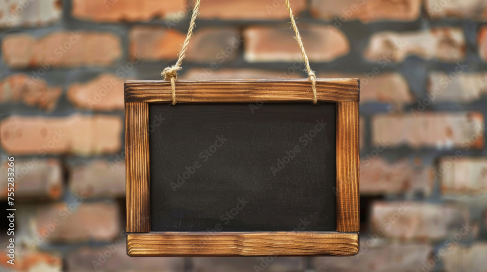 Poster an empty chalkboard with a wooden frame suspended by ropes on a textured brick wall, ideal for custo