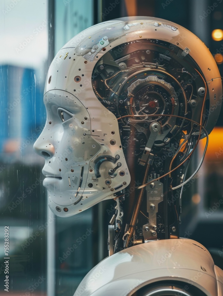Poster futuristic robot with intricate head design - a close-up view of a futuristic robot's head, showcasi