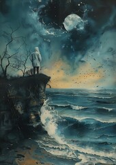 man standing cliff overlooking ocean wearing black hooded cloak infinity hieroglyph waves swirling clouds depths - obrazy, fototapety, plakaty