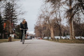 An adult female cyclist rides leisurely on a park path, surrounded by autumn trees and a calm urban environment, embodying active lifestyle and serenity.