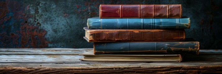 An antique collection of leather-bound books piled on a rustic wooden surface with a dark backdrop.