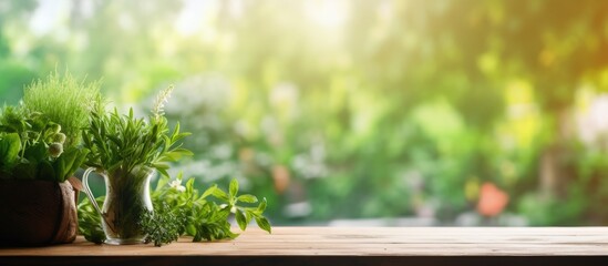 A wooden table with a potted plant placed next to a window. The sunlight filters through, creating a warm glow on the plant and table. The blurred view of a green garden outside adds a touch of nature - obrazy, fototapety, plakaty