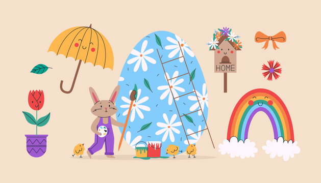 Cute rabbit decorate Easter egg with chicks. Spring set of cute objects. Vector illustration for Easter day. Easter egg with flowers and leaves. Holiday concept. Illustration for greeting cards