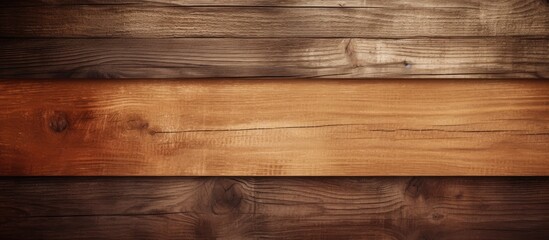 A closeup of a brown hardwood plank with a wood stain and varnish finish on a wooden wall, showcasing the beautiful natural wood pattern