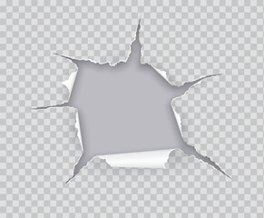 Hole in torn paper rolled on grey backdrop realistic vector illustration. Damaged sheet with curves edges 3d object on transparent background
