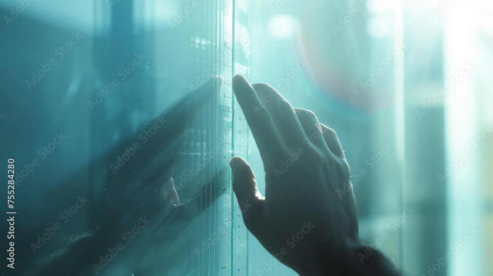 Poster a worker carefully measures and s a large sheet of tempered glass designed to regulate and optimize 