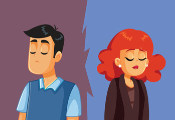 Sad Man and Woman Not Talking Thinking of Separation vector Characters. Unhappy couple feeling negative emotions after a fight 
