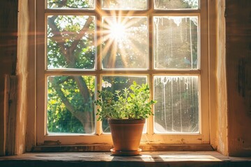 Sunlight through a vintage cottage window - A warm, serene image of sunlight streaming through an old window casting light on a potted plant
