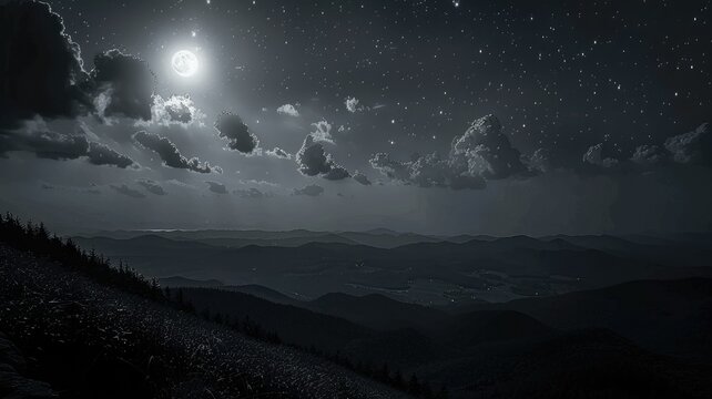 Starry mountain landscape with bright moonlight - This image features a serene night scene with a glowing moon illuminating the starry sky and mountainous landscape below