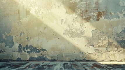 Sunlight casting shadows on a textured wall - A warm ray of sunlight cuts across a textured wall, highlighting the peeling paint and the passage of time it shows