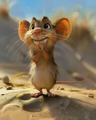 small mouse standing sandy surface praying optimistic smile funny face toon focus watching finnish cartoon cheddar evil pose entertainment - obrazy, fototapety, plakaty
