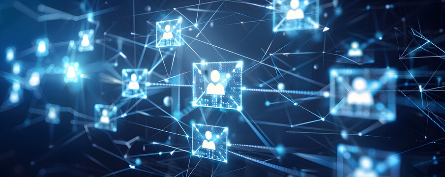 people debating, email client, letters, email, network, in style of futuristic fragmentation, dark blue and white banner with copy space area