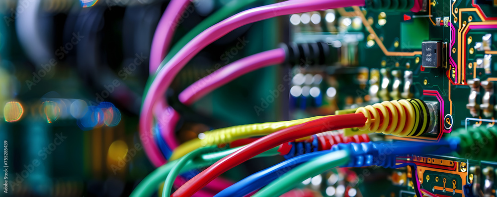 Poster a macro shot of a circuit board with colorful wires and components