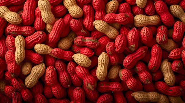 Red unpeeled peanuts panoramic view background. generative ai