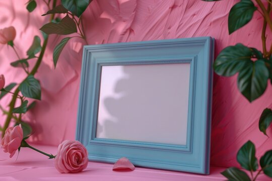 1x2 horizontal landscape picture frame mockup. Realisitc paper, wooden or plastic blue blank for photographs. Poster frame mock up template on pink rose background. 3D render.