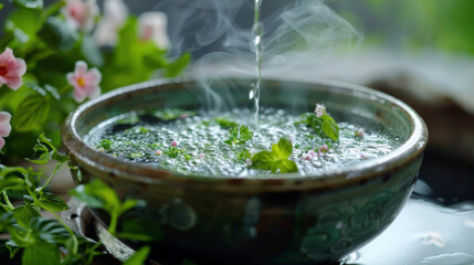 A bowl filled with steaming warm water and fresh herbs representing the holistic approach to health and wellness in Qi Gong and Tai Chi.