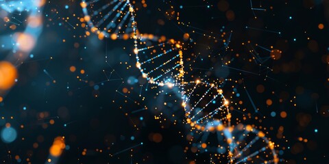 Illuminated DNA strand on a dark background, depicting concepts of biotechnology and science.