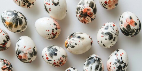 A collection of white Easter eggs decorated with vibrant, abstract ink splatters on a light background.