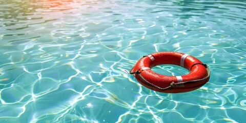 A vibrant red lifebuoy floats on the clear, shimmering water of a swimming pool on a sunny day.