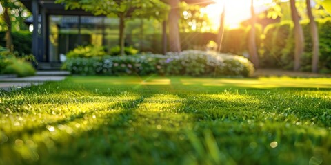 The warm sunset light bathes a lush green garden lawn in front of an elegant modern house at dusk. - obrazy, fototapety, plakaty