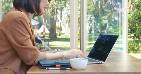 Empty Green Screen laptop Blogger Woman hands typing Laptop computer keyboard. Close up women hands...