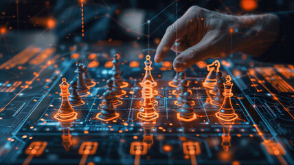 leaders hands strategically moving chess pieces on a digital board. Generated-AI