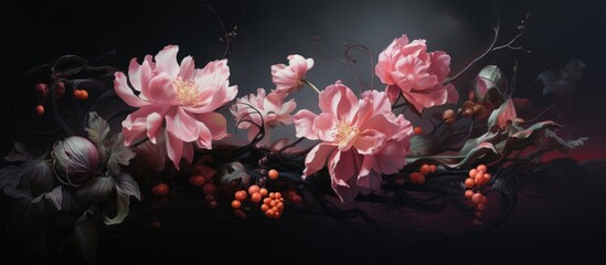A painting depicting unblown pink flowers against a stark black background. The delicate petals of the flowers stand out vividly against the dark canvas, creating a striking contrast.