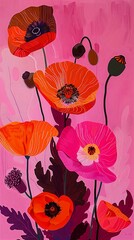 flowers pink background design milk poppy orange flowing colored silk vibrant dynamic wounded soldiers sleek shapes bees