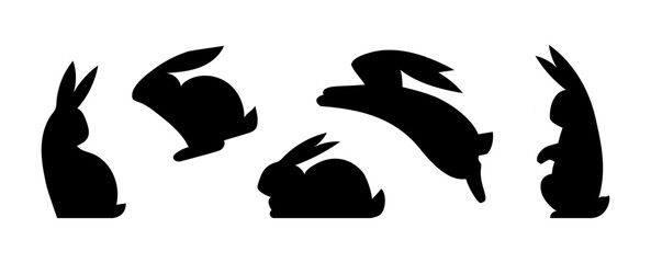 Easter bunny set. Black silhouettes of rabbits in different poses isolated on white background. Vector illustration in flat style