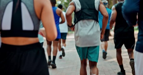 Group, legs and running for cardio, fitness and wellness in park for urban marathon club in Brazil. Diversity, people and sneakers for lose weight, health and workout in exercise, training and sport