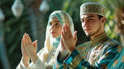 Young muslim man and woman celebration ramadan and eid al fitr doing forgive gesture halal bihalal - generative ai - obrazy, fototapety, plakaty
