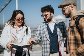 A group of young business associates collaborates on strategies while holding an outdoor meeting in an urban downtown area.