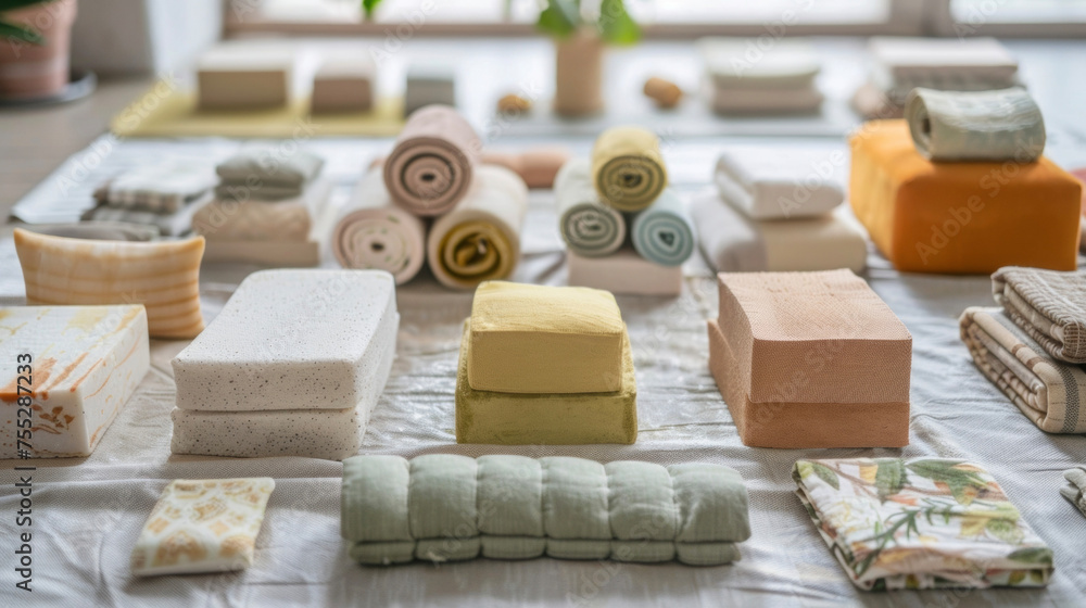 Poster a collection of yoga props such as blocks ss and bolsters are neatly displayed on a white mat. this 