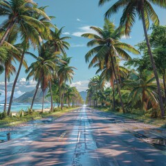 Beautiful beaches road and coconut trees. Generated-AI