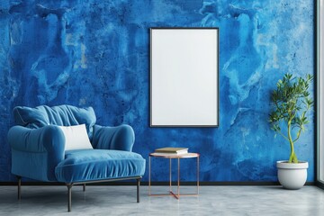 Armchair, coffee table, and a blank poster are all present in this contemporary blue room. Concept for a residence and gallery. a mockup