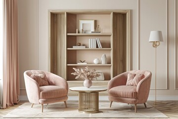 Banner, niche shelf, light wood covers, parquet, pinkish beige design of the living room interior, symmetrical armchairs, simple coffee table and a floor lamp. Mockup. 3d rendering
