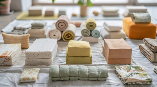 A collection of yoga props such as blocks ss and bolsters are neatly displayed on a white mat. This image promotes the use of props in a yoga practice to modify poses and