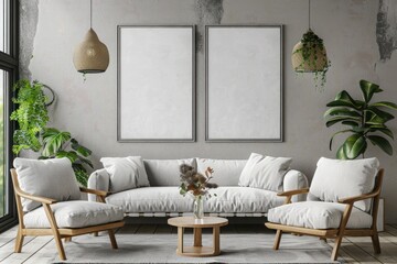 Beautiful living room interior with mock up poster frame. 3D rendering