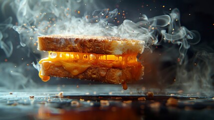An irresistible freshly prepared cheese sandwich captured in close-up with subtle smoke hovering in the background. Delicious and tempting cheese sandwich with melting cheese.