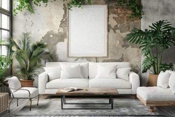 Beautiful living room interior with mock up poster frame. 3D rendering