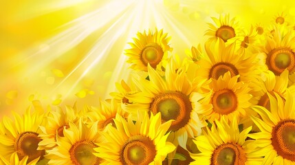 yellow sunflowers field bright sun digital banner sunshine window depth oil color duplication content flare aliased scheme oversaturated