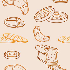 Editable Vector of Outline Style Assorted Breads Illustration Icons Seamless Pattern for Creating Background and Decorative Element of Food Related Design