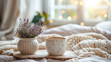 Keuken foto achterwand americano coffee on white bed background, Morning sunlight from the window. Generated-AI © Tharika