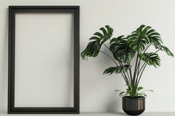 Black frame mockup with monstera plant in pot. 3D rendering