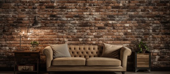The living room is furnished with a cozy couch, set against a rustic brick wall. The warm wood flooring complements the brickwork beautifully