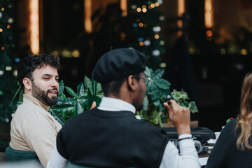 International coworkers in a casual meeting at a restaurant, working together and sharing ideas over a meal.
