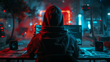 Cyber attack with hooded hacker using tablet computer, digital glitch effect. generated-AI