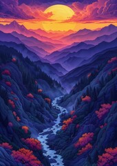 mountain river sunset gradient purple bright cascadian mana flowing evergreen valley - obrazy, fototapety, plakaty