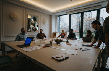 Focused group of diverse colleagues collaborating during a strategy meeting in a well-lit contemporary office space.